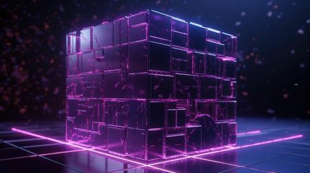 3d rendering. Futuristic black cube with glowing lines and particlesの素材