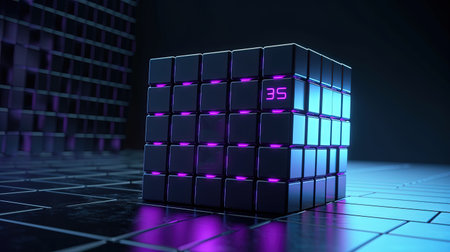 3d rendering of abstract cubes with numbers in blue light on dark backgroundの素材