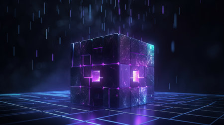 3D rendering of a cube with neon lights against a dark backgroundの素材