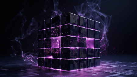3D rendering of abstract digital cube with glowing lights on dark backgroundの素材
