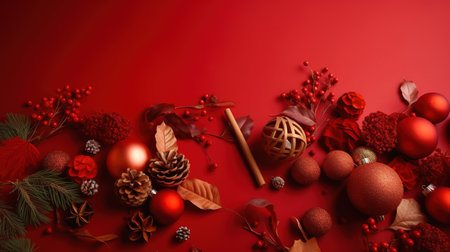 Christmas composition with red baubles and pine cones on red backgroundの素材