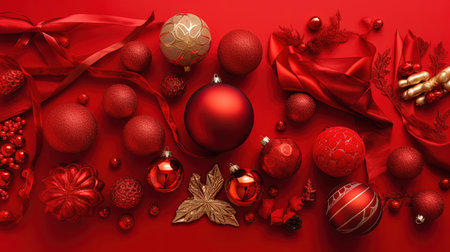 Christmas decoration on red background. 3d illustration. Top view.の素材
