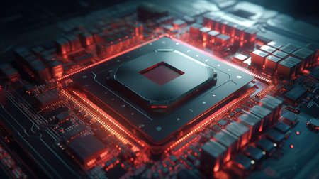 Close-up of a CPU on a motherboard. 3D renderingの素材