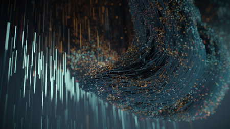 3D rendering of abstract technology digital wireframe with glowing particles.の素材