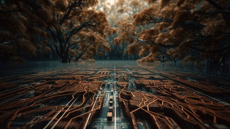 Abstract technology concept, circuit board with forest in the background. 3D Renderingの素材