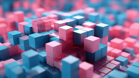 Abstract 3d rendering of chaotic cubes in blue and pink colors.の素材
