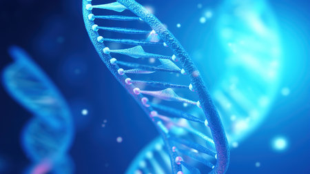 DNA strand on blue background, 3d render. Biochemistry, genetics and medicine conceptの素材
