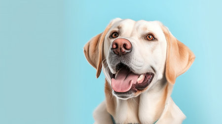 Labrador retriever dog on a blue background with copy space.の素材