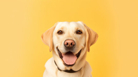 Labrador retriever dog isolated on yellow background. Studio shot.の素材