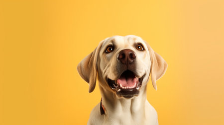 Labrador retriever dog on a yellow background. Studio shot.の素材