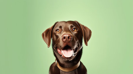 Cute brown labrador retriever dog with tongue out on green backgroundの素材