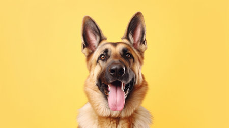 Portrait of beautiful german shepherd dog with tongue out on yellow backgroundの素材