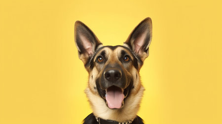 Portrait of a German shepherd dog on a yellow background with copy spaceの素材