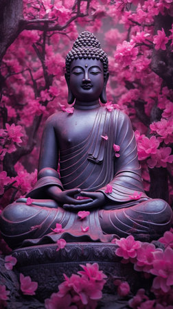 Buddha statue with pink sakura blossoms in the backgroundの素材