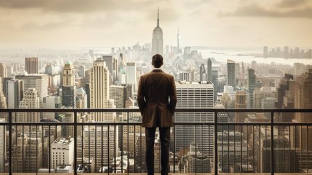 Rear view of businessman standing on balcony and looking at New York cityの素材