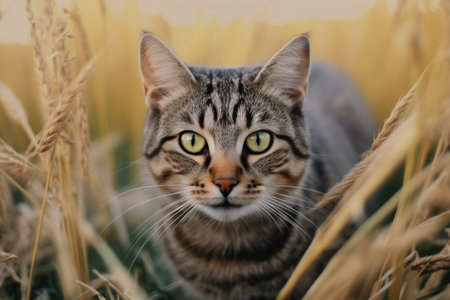 cute tabby cat in the wheat field, close up.の素材