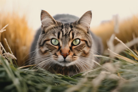 Portrait of a tabby cat in a field of wheat.の素材