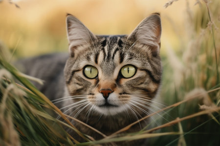 Portrait of a tabby cat with green eyes in the grassの素材
