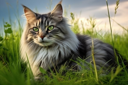 Siberian cat in the grass. Fluffy pet on nature background.の素材
