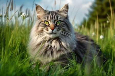 Portrait of a beautiful siberian cat on green grass.の素材