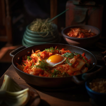 Korean food kimchi with fried egg in a frying panの素材