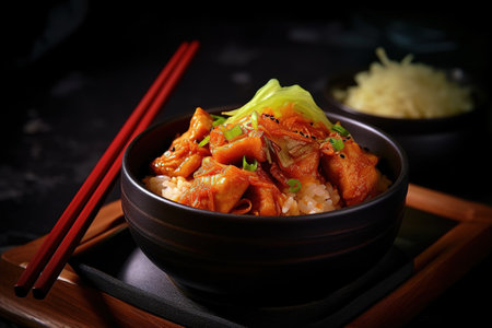 Hokkaido chicken teriyaki with rice on black backgroundの素材