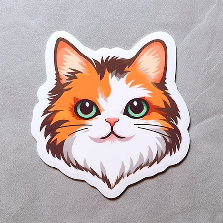 Cute cat face with green eyes on gray background. Paper sticker.の素材