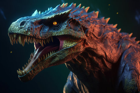 Dinosaur. 3D render of a dinosaur with sharp teeth.の素材