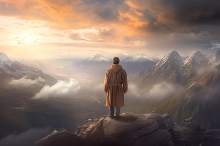 Woman standing on top of the mountain and looking at the sunset.の素材