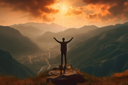 Man standing on top of a mountain and looking at the sunset.の素材