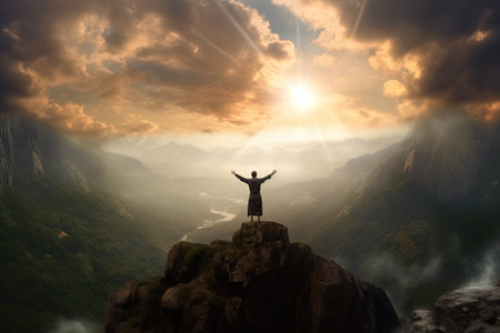Silhouette of a man standing on the edge of a cliff with his hands raised up in the air.の素材
