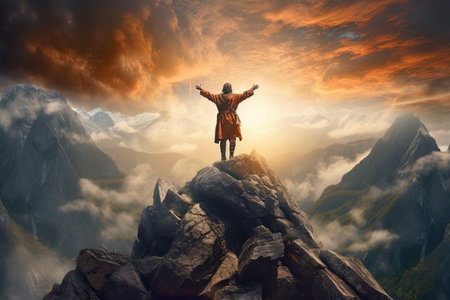 Hiker with arms outstretched standing on the top of a mountainの素材