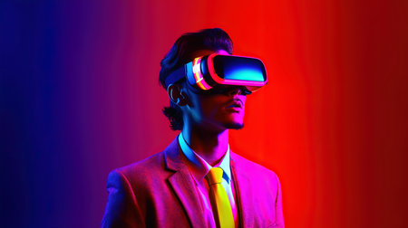Young african american man wearing virtual reality goggles on gradient background in neon light.の素材