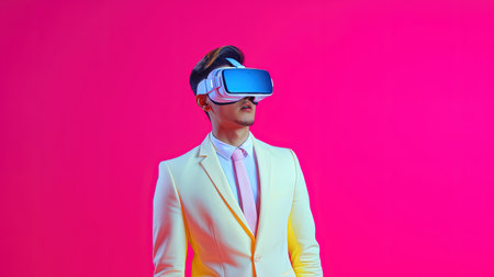 Young man in white suit and vr headset on pink background in neon light.の素材