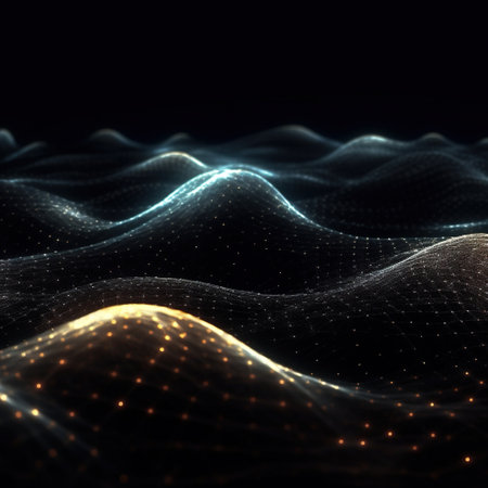 3d render of abstract digital wave with glowing particles on black backgroundの素材