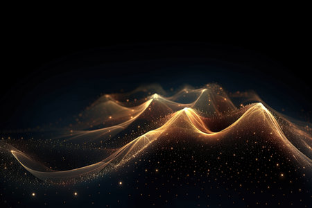 Abstract gold wave on dark background. Futuristic technology style. Elegant background for business tech presentations.の素材