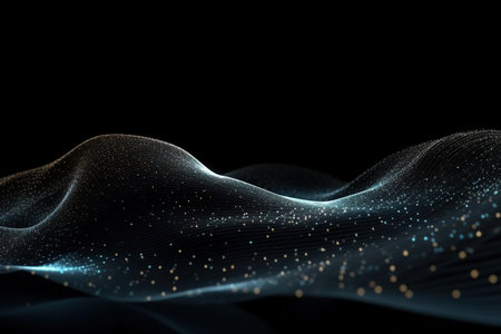 3D rendering of abstract digital wave with particles in it on black backgroundの素材