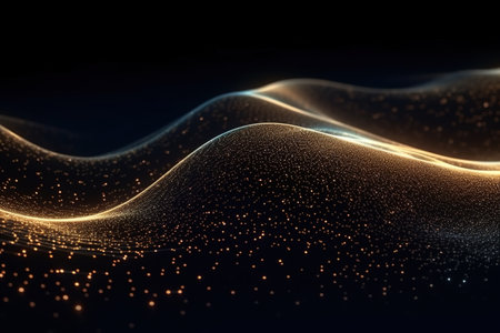 3d rendering of abstract digital particles wave. Futuristic background with depth of field and bokeh effect.の素材