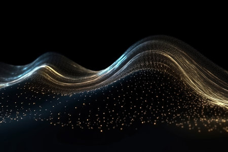 Abstract particles wave on black background. Futuristic technology style. Elegant background for business presentations.の素材
