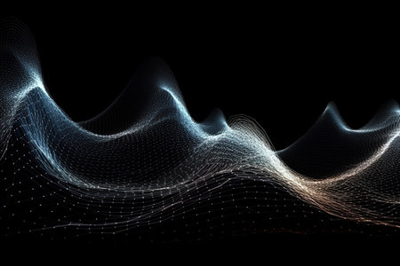 3D rendering of abstract digital wave of particles on black background. Network connection structure.の素材