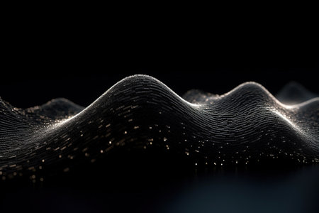 3D illustration of a wave of glowing particles on a dark backgroundの素材