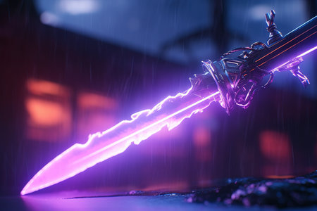 Futuristic sword with sharp blade on dark background. Fantasy conceptの素材