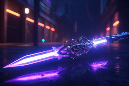 Glowing sword in the dark. Fantasy concept. 3D Renderingの素材