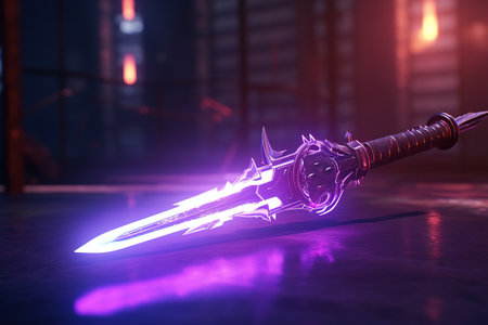 3d illustration of a fantasy sword in the dark with neon lightの素材