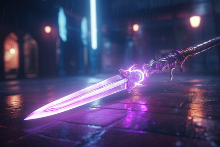 Magic sword in the dark. Fantasy concept. 3D Renderingの素材