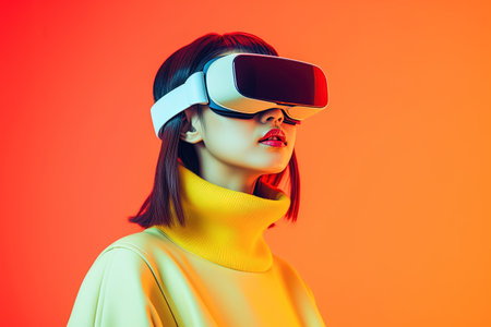 Fashion portrait of a beautiful young woman wearing virtual reality goggles. Studio shot.の素材