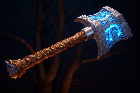 Old ax with a sharp blade on the background of the night forestの素材