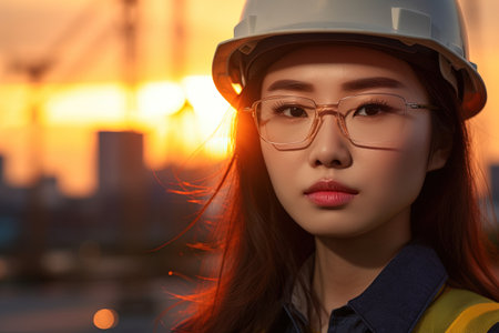 Portrait of asian woman construction worker wearing safety helmet and safety glasses.の素材