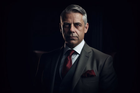 Portrait of a mature man in a suit on a dark backgroundの素材