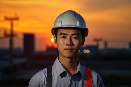 Portrait of Asian engineer or industrial worker at construction site with orange sunset sky background.の素材